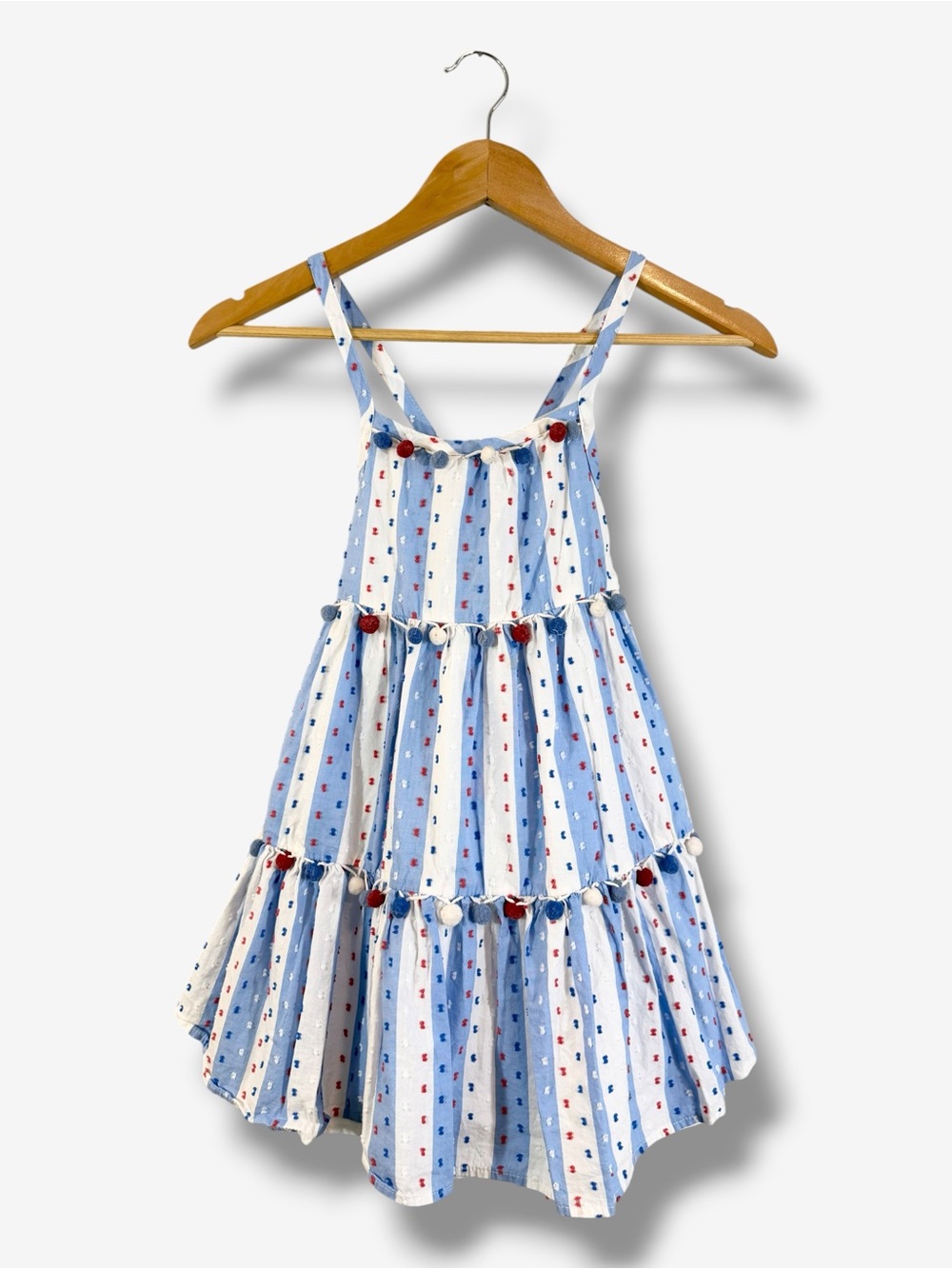 Tommy Bahama Girls Tiered Dress Size 7 Red White Blue Cross Strap Pom Pom Preppy
